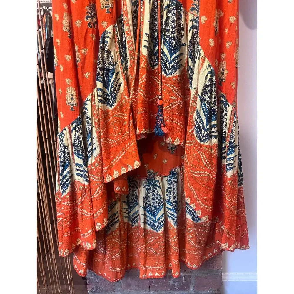 Label Ritu Kumar Rust Orange Boho Printed High-Low Maxi Dress Bell Sleeve Small